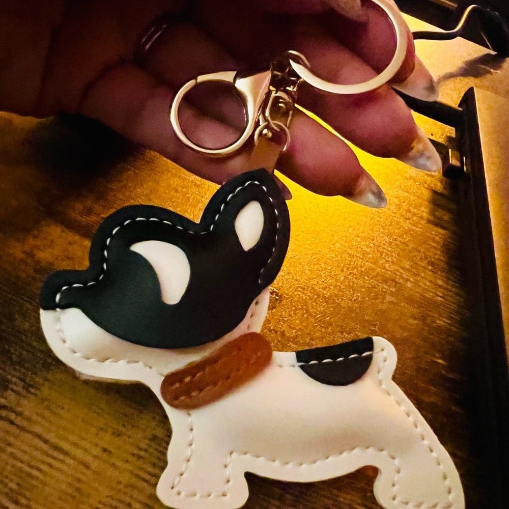 Cute Frenchie Dog Keychain with Black and White vegan leather stitch Design